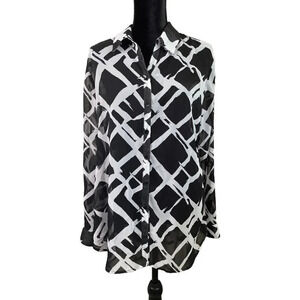 Chicos 3 US XL/16 Exploded Squares Woven Pattern Black White Sheer‎ Blouse NEW
